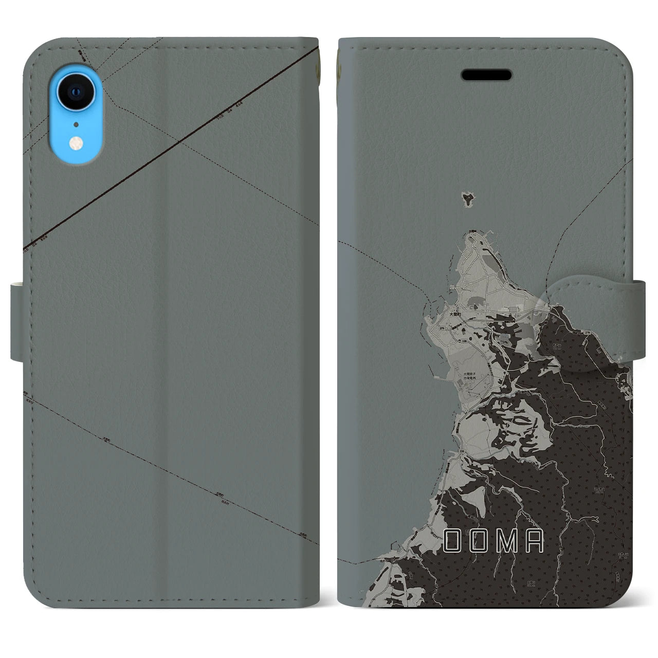 【大間(青森県)】地図柄iPhoneケース(手帳タイプ)モノトーン・iPhone XR 用