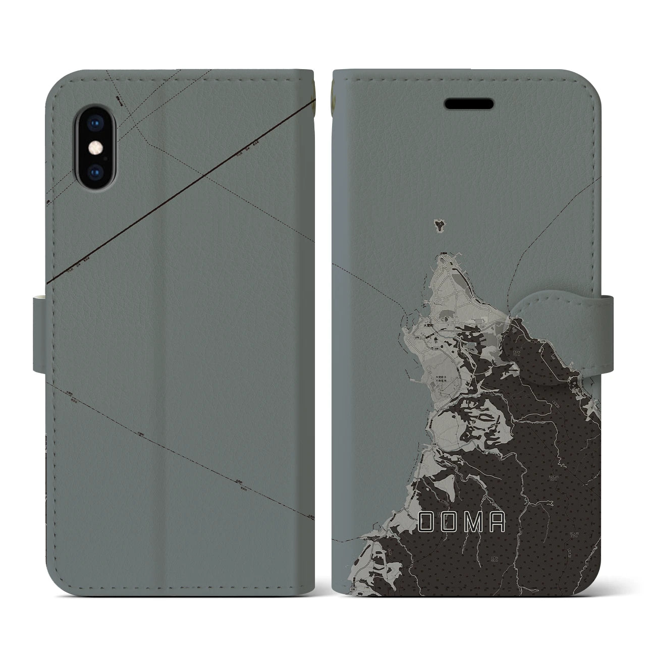 【大間(青森県)】地図柄iPhoneケース(手帳タイプ)モノトーン・iPhone XS / X 用