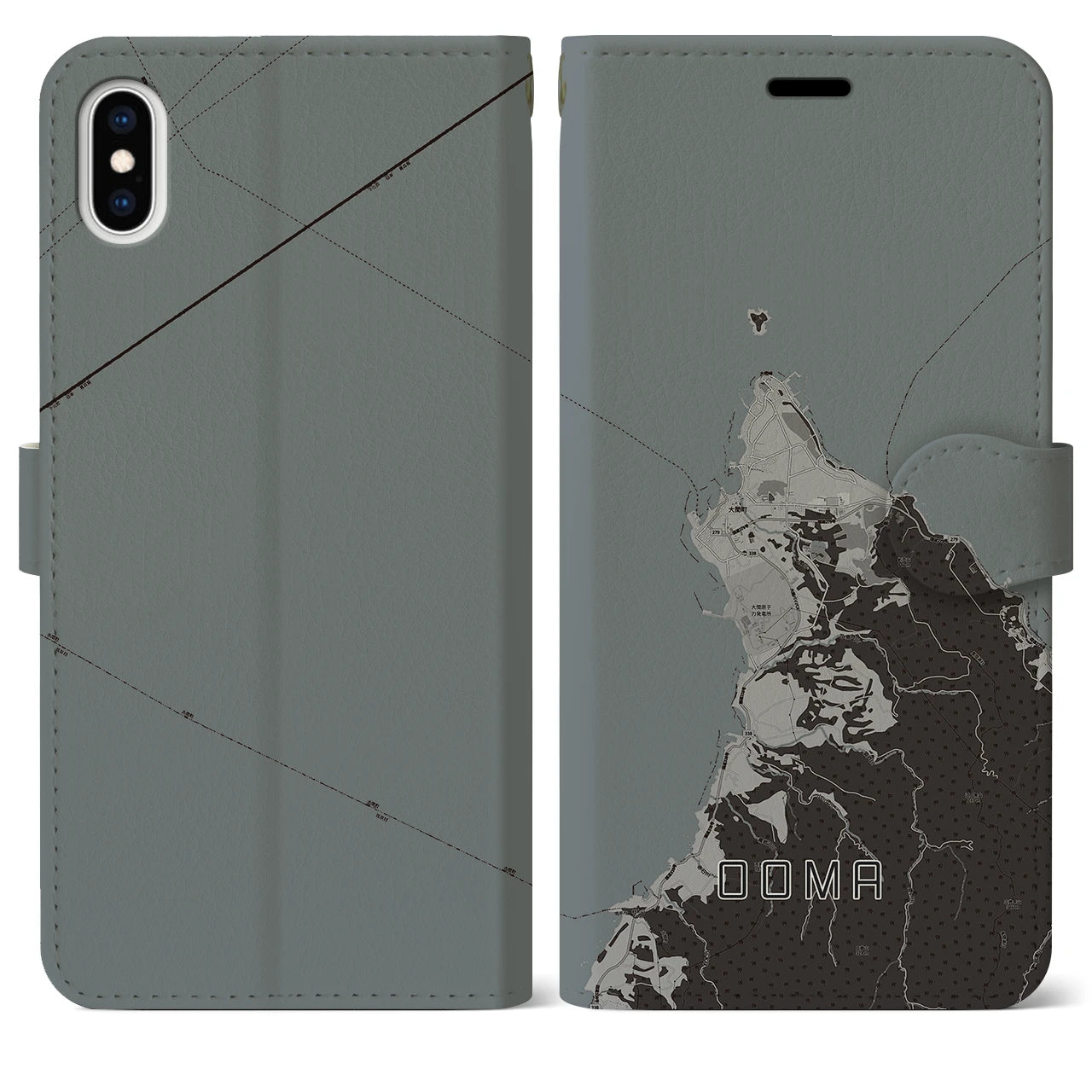 【大間(青森県)】地図柄iPhoneケース(手帳タイプ)モノトーン・iPhone XS Max 用