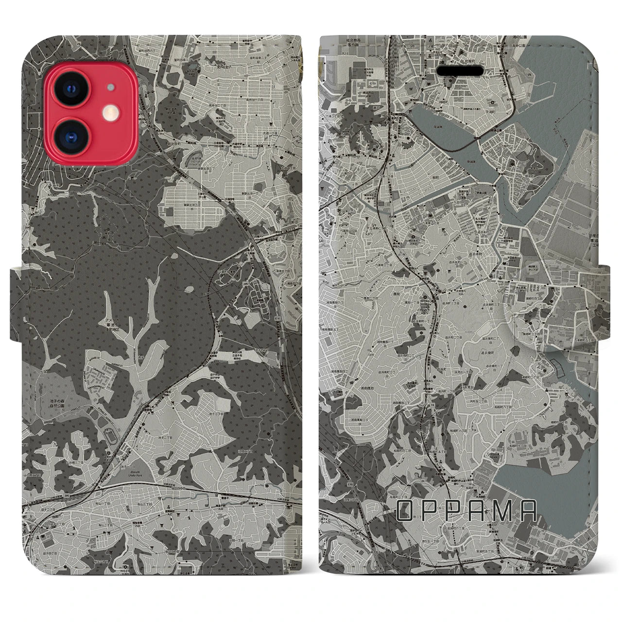 【追浜(神奈川県)】地図柄iPhoneケース(手帳タイプ)モノトーン・iPhone 11 用
