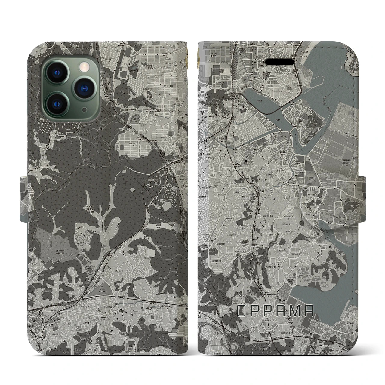 【追浜(神奈川県)】地図柄iPhoneケース(手帳タイプ)モノトーン・iPhone 11 Pro 用