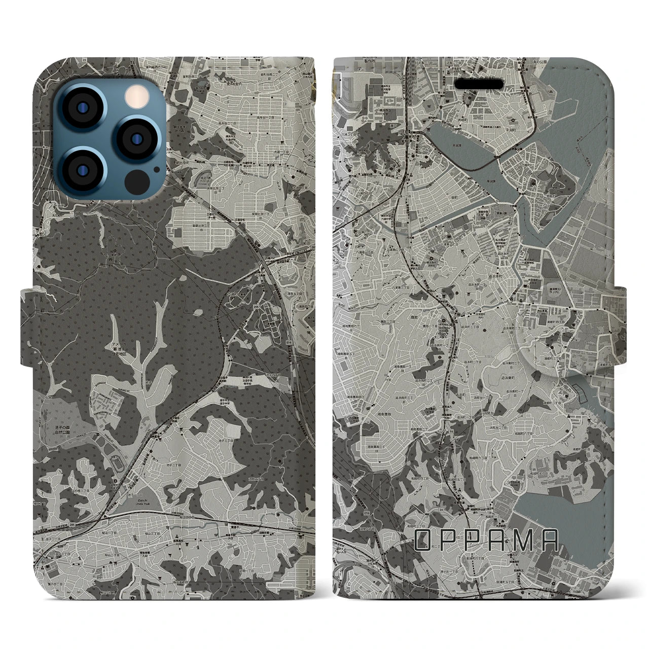 【追浜(神奈川県)】地図柄iPhoneケース(手帳タイプ)モノトーン・iPhone 12 / 12 Pro 用