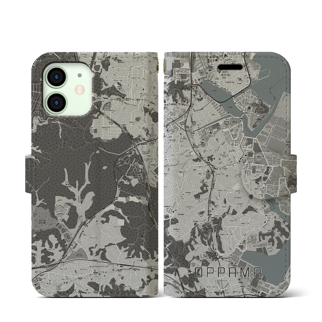 【追浜(神奈川県)】地図柄iPhoneケース(手帳タイプ)モノトーン・iPhone 12 mini 用