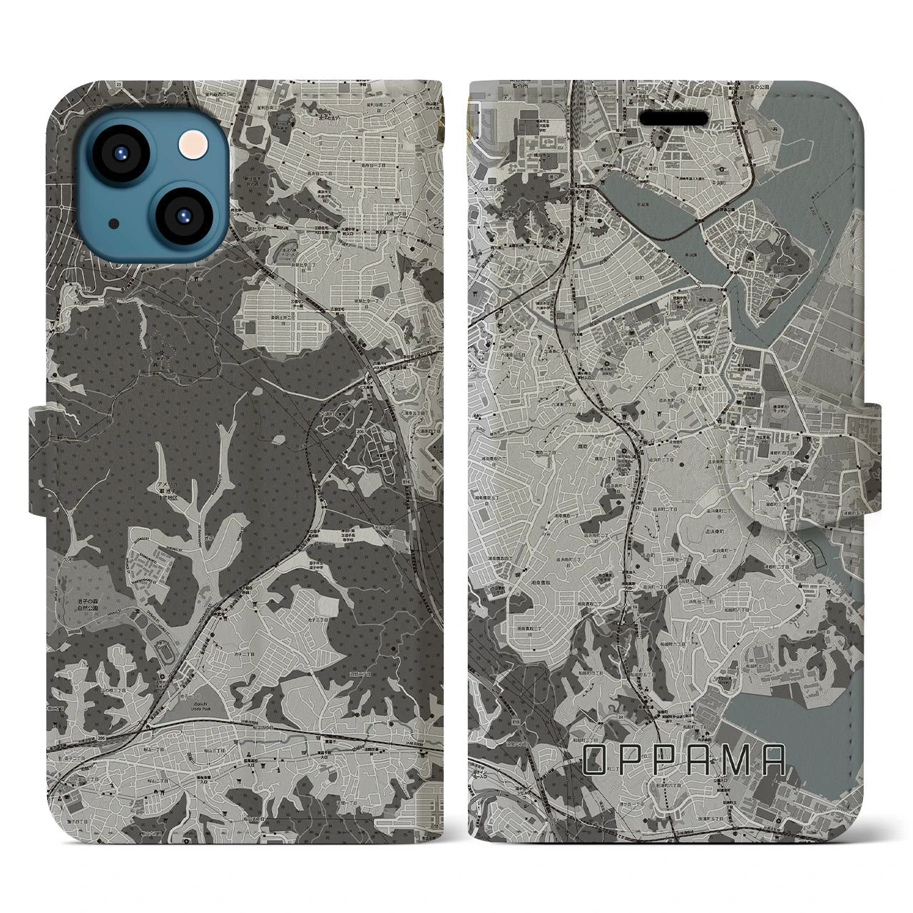 【追浜(神奈川県)】地図柄iPhoneケース(手帳タイプ)モノトーン・iPhone 13 用