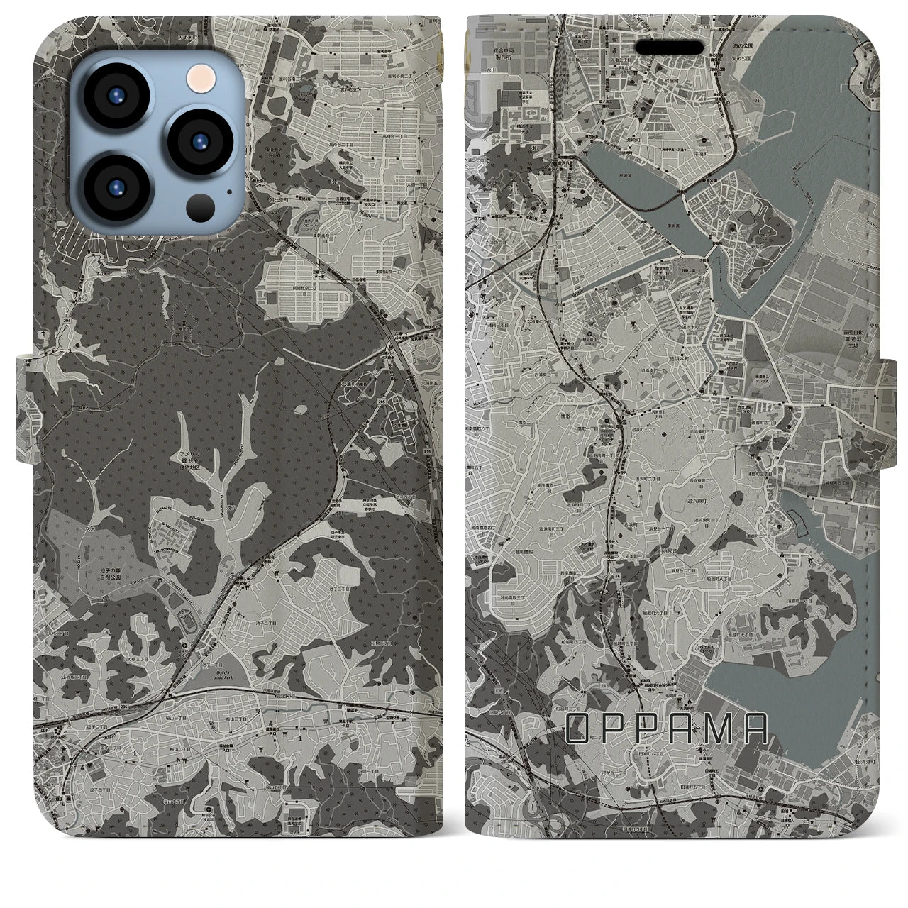 【追浜(神奈川県)】地図柄iPhoneケース(手帳タイプ)モノトーン・iPhone 13 Pro Max 用