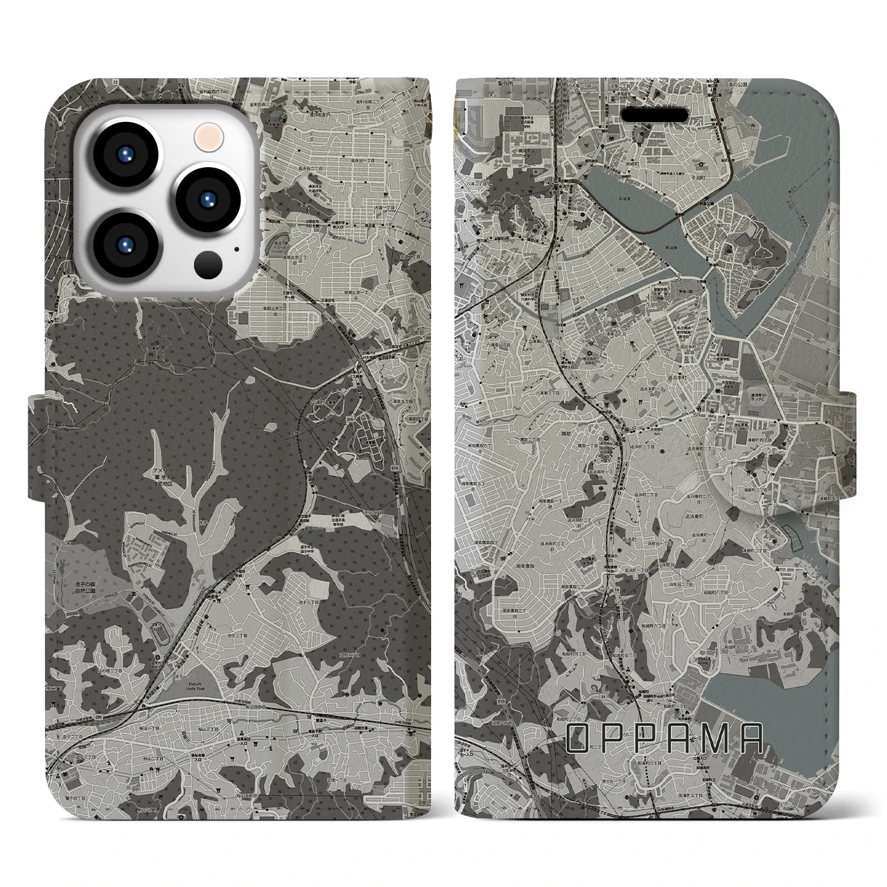 【追浜(神奈川県)】地図柄iPhoneケース(手帳タイプ)モノトーン・iPhone 13 Pro 用