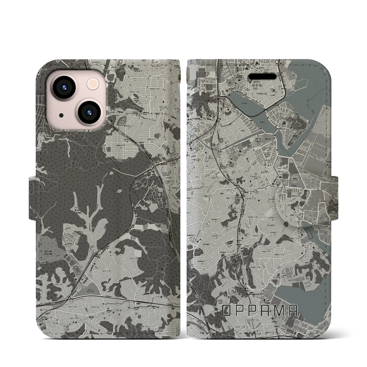 【追浜(神奈川県)】地図柄iPhoneケース(手帳タイプ)モノトーン・iPhone 13 mini 用
