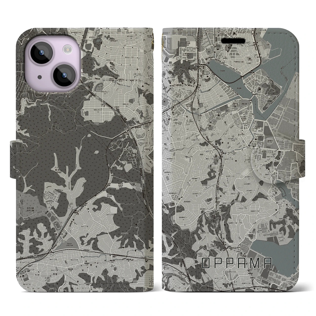 【追浜(神奈川県)】地図柄iPhoneケース(手帳タイプ)モノトーン・iPhone 14 用