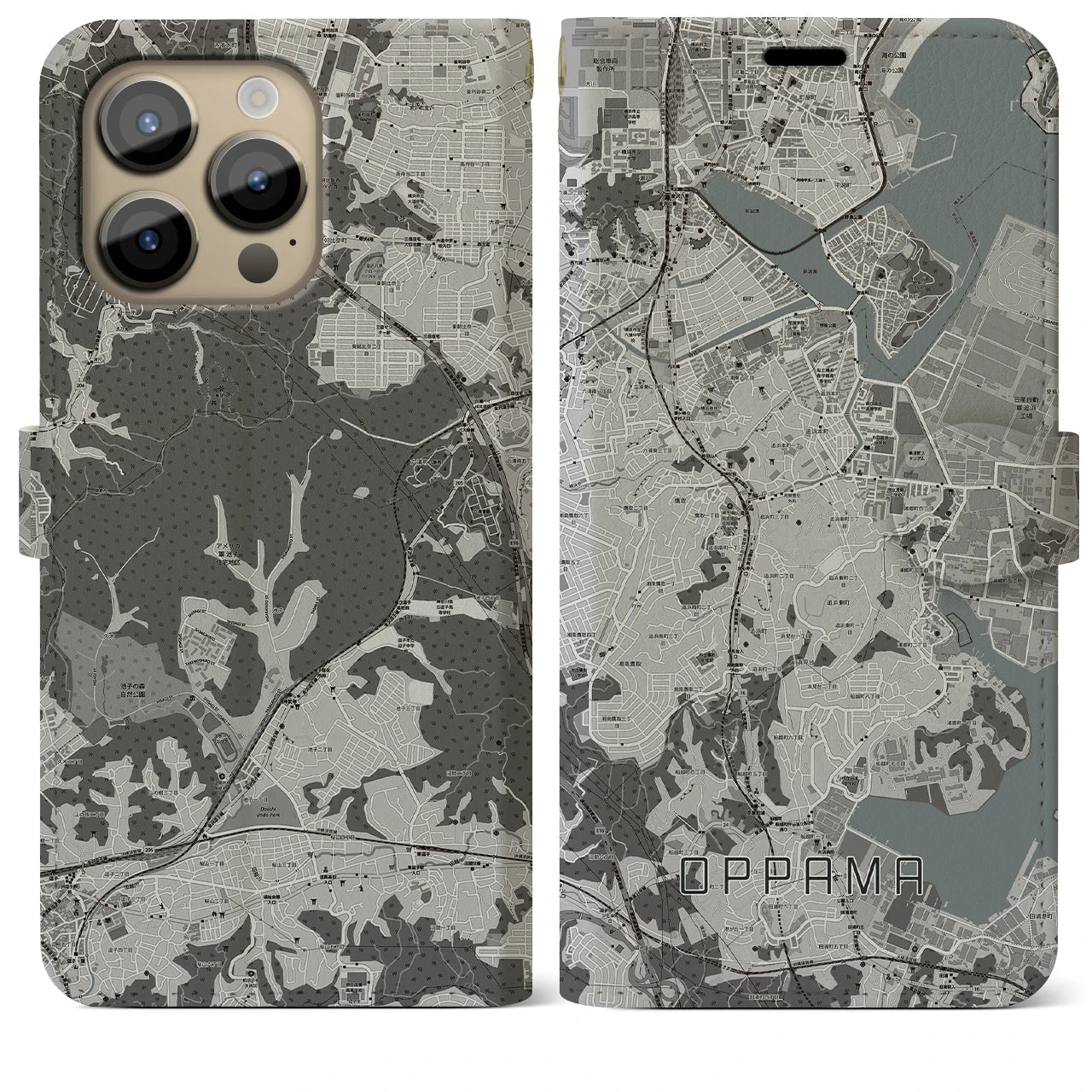 【追浜(神奈川県)】地図柄iPhoneケース(手帳タイプ)モノトーン・iPhone 14 Pro Max 用