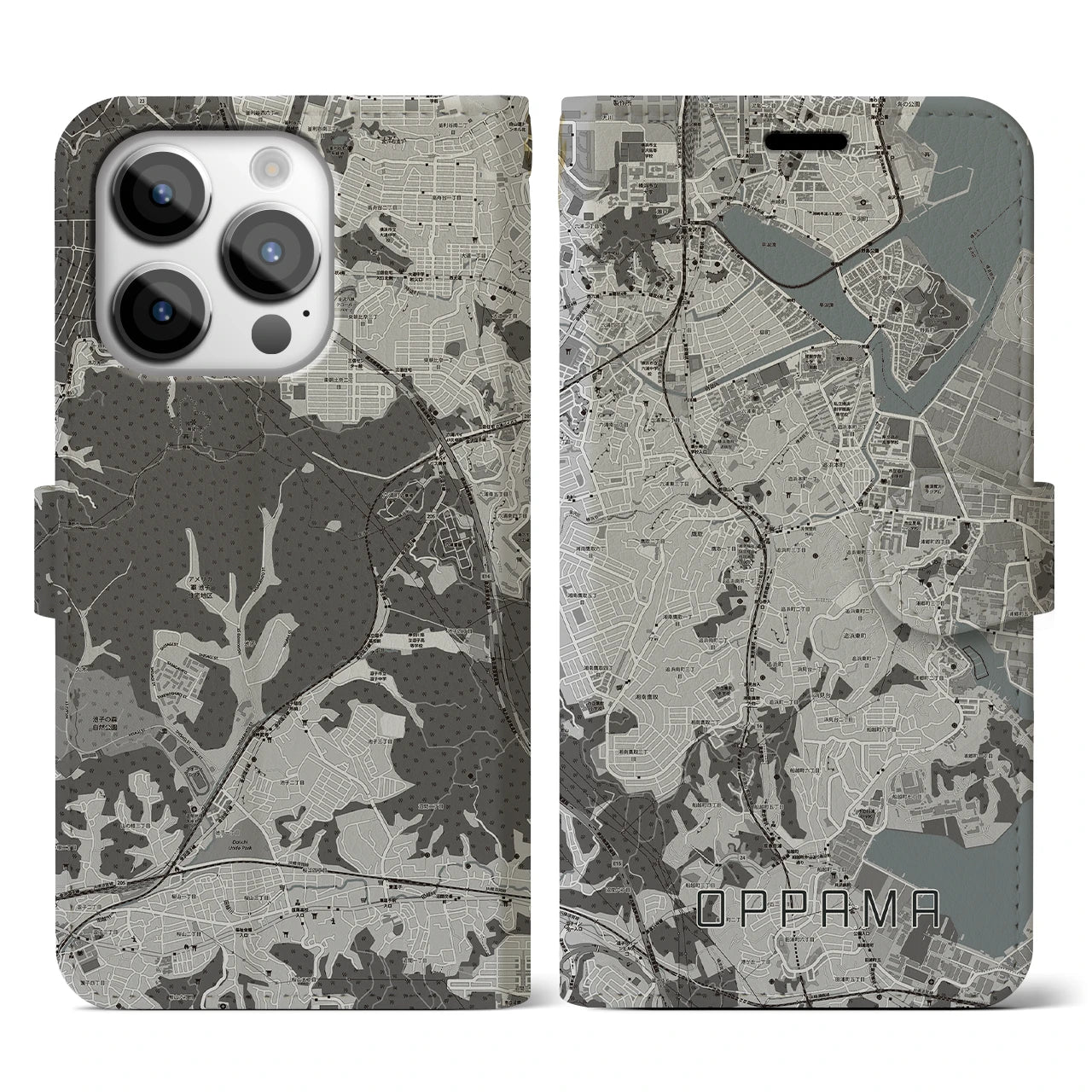 【追浜(神奈川県)】地図柄iPhoneケース(手帳タイプ)モノトーン・iPhone 14 Pro 用
