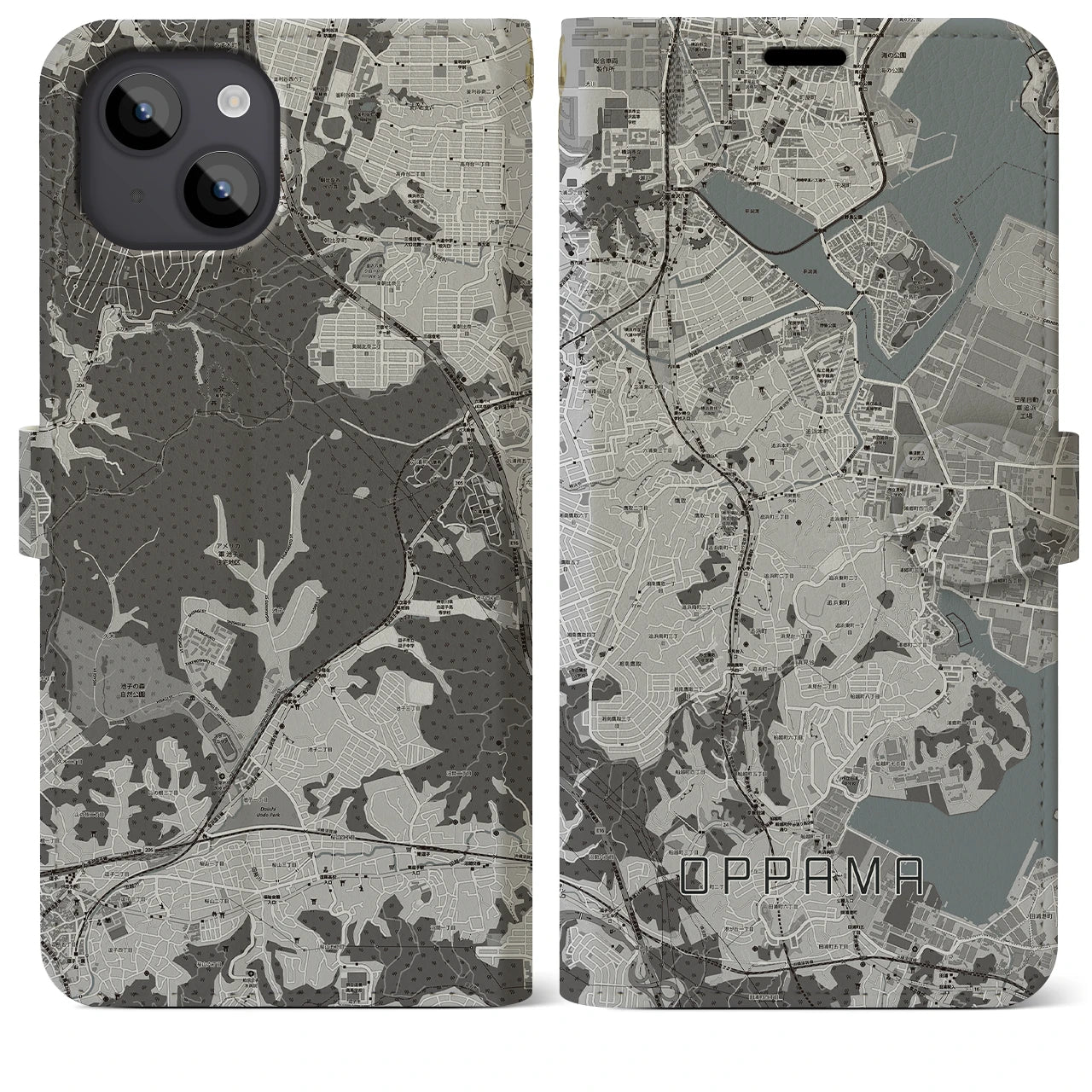 【追浜(神奈川県)】地図柄iPhoneケース(手帳タイプ)モノトーン・iPhone 14 Plus 用