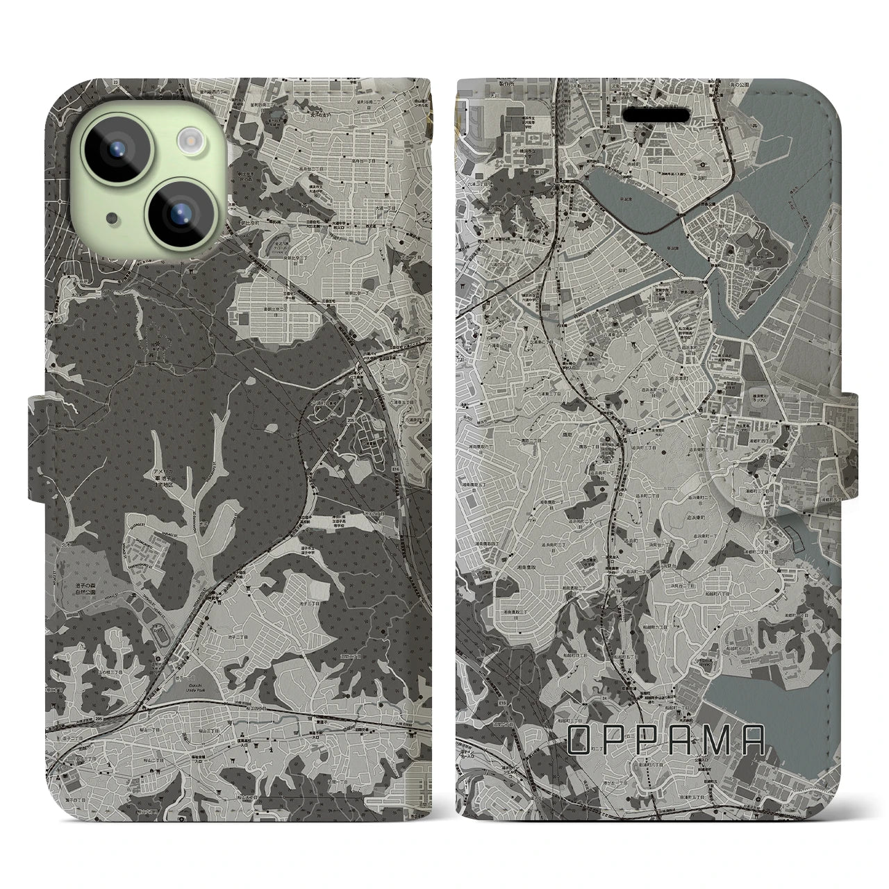 【追浜(神奈川県)】地図柄iPhoneケース(手帳タイプ)モノトーン・iPhone 15 用