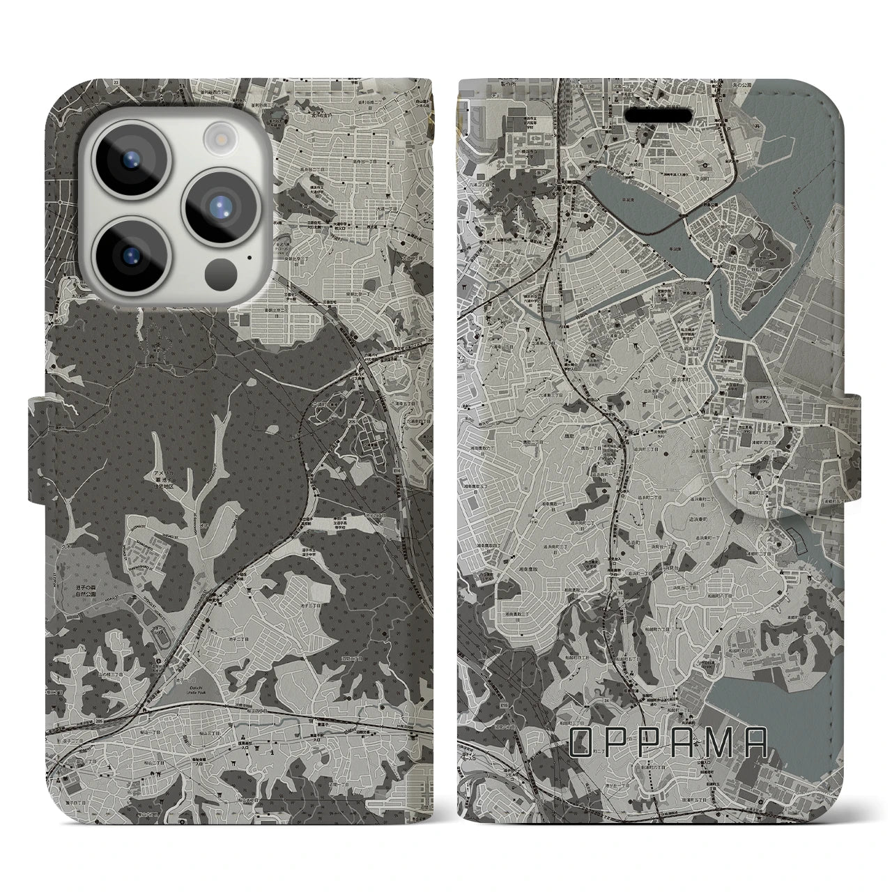 【追浜(神奈川県)】地図柄iPhoneケース(手帳タイプ)モノトーン・iPhone 15 Pro 用