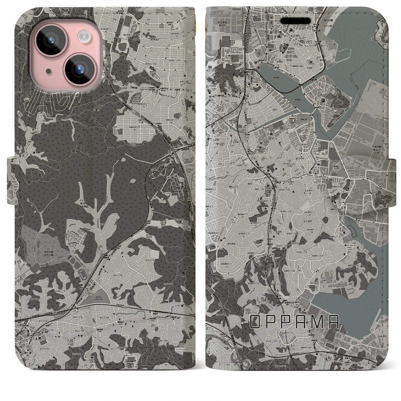 【追浜(神奈川県)】地図柄iPhoneケース(手帳タイプ)モノトーン・iPhone 15 Plus 用