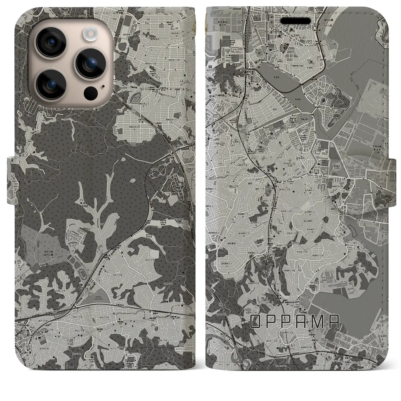 【追浜(神奈川県)】地図柄iPhoneケース(手帳タイプ)モノトーン・iPhone 16 Plus 用