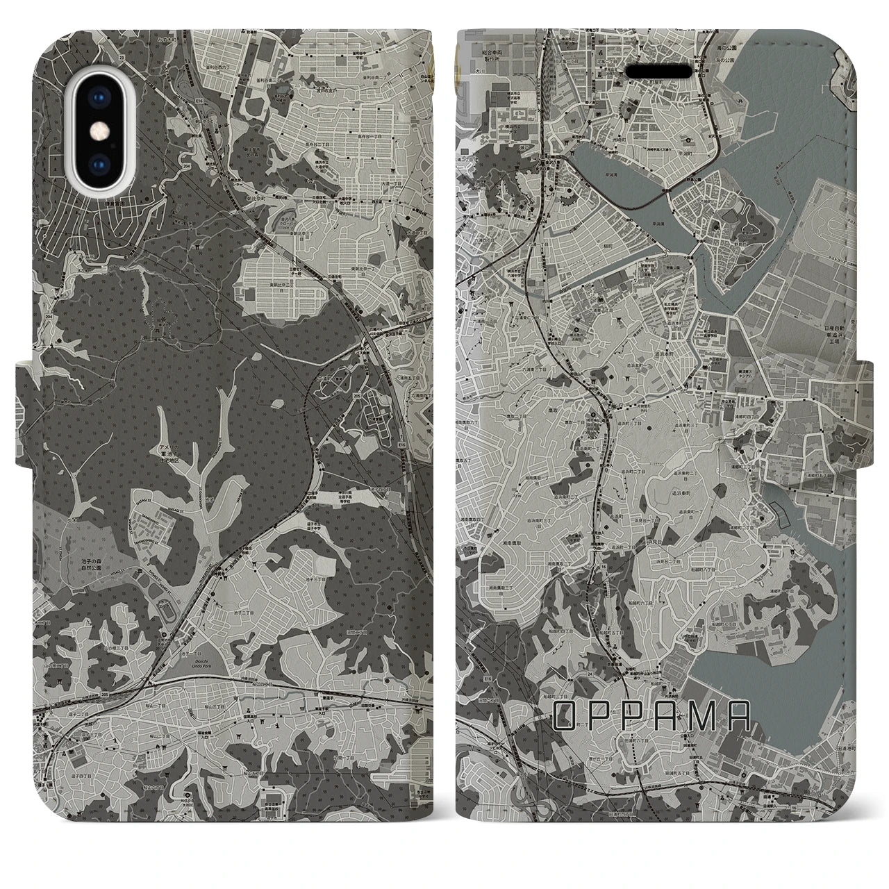【追浜(神奈川県)】地図柄iPhoneケース(手帳タイプ)モノトーン・iPhone XS Max 用