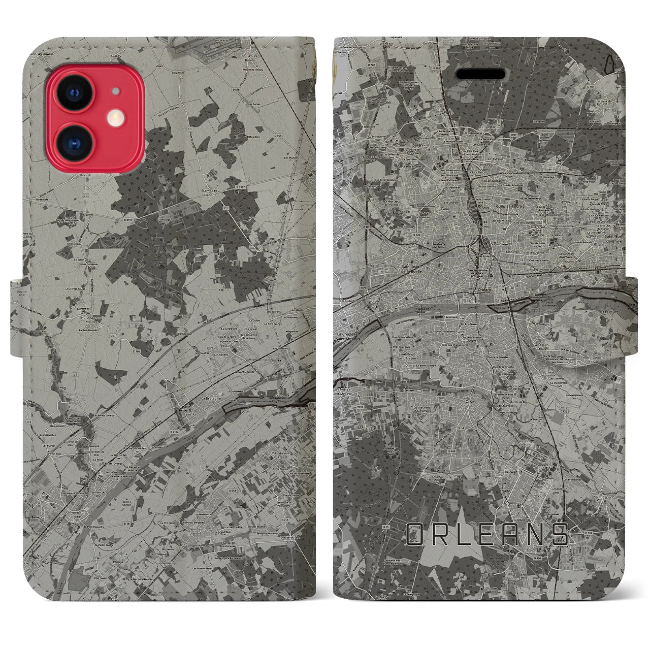 【オルレアン(フランス)】地図柄iPhoneケース(手帳タイプ)モノトーン・iPhone 11 用
