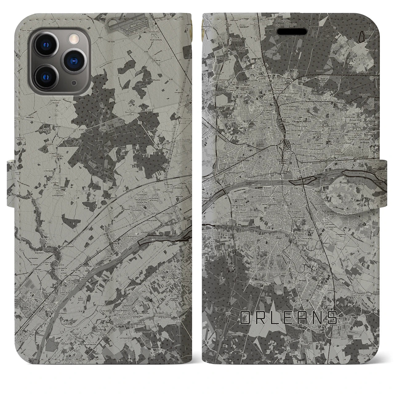 【オルレアン(フランス)】地図柄iPhoneケース(手帳タイプ)モノトーン・iPhone 11 Pro Max 用