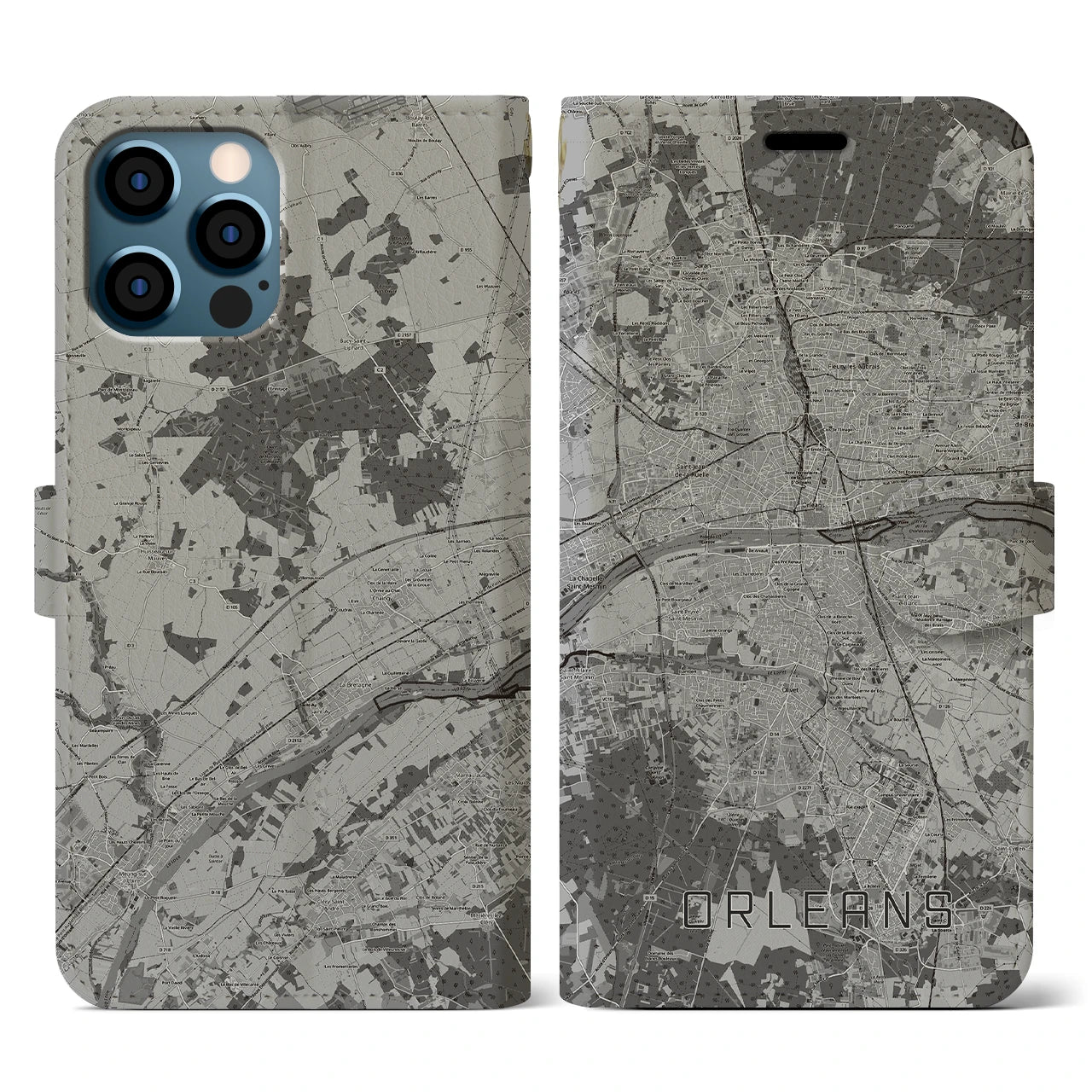 【オルレアン(フランス)】地図柄iPhoneケース(手帳タイプ)モノトーン・iPhone 12 / 12 Pro 用
