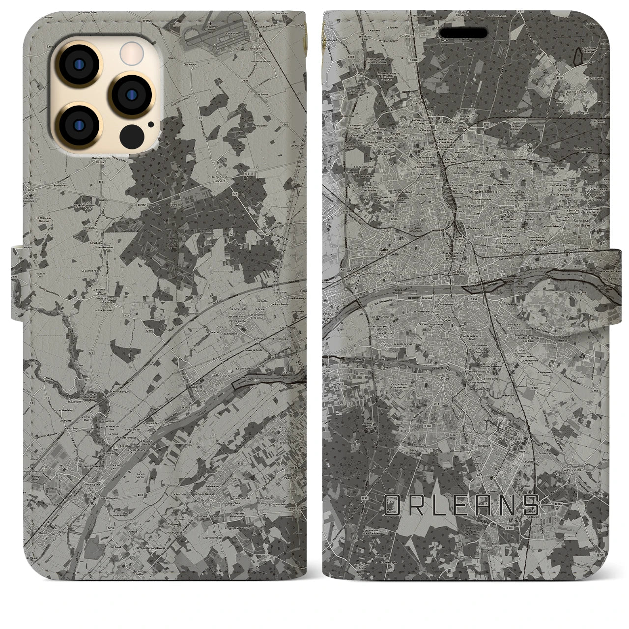 【オルレアン(フランス)】地図柄iPhoneケース(手帳タイプ)モノトーン・iPhone 12 Pro Max 用