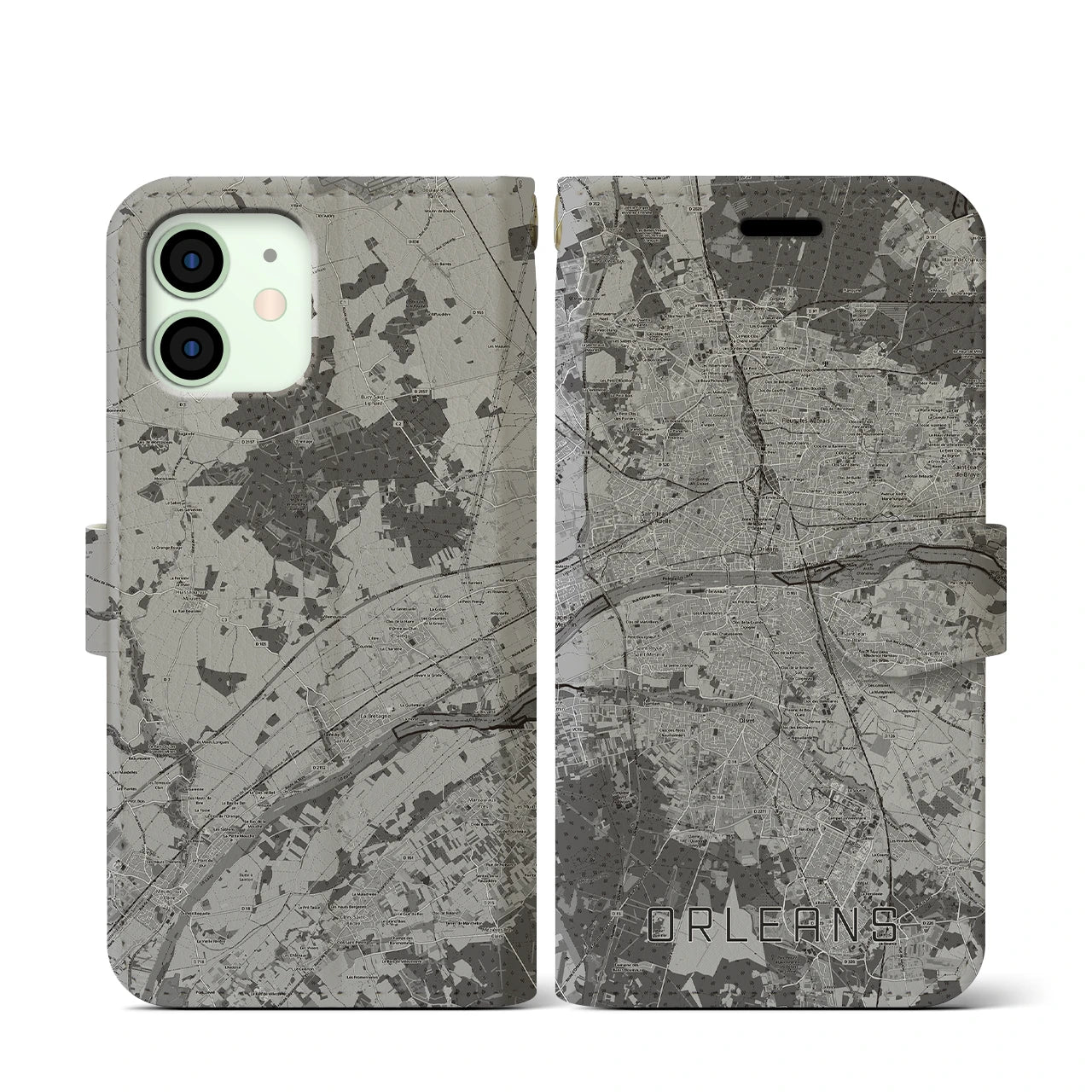 【オルレアン(フランス)】地図柄iPhoneケース(手帳タイプ)モノトーン・iPhone 12 mini 用