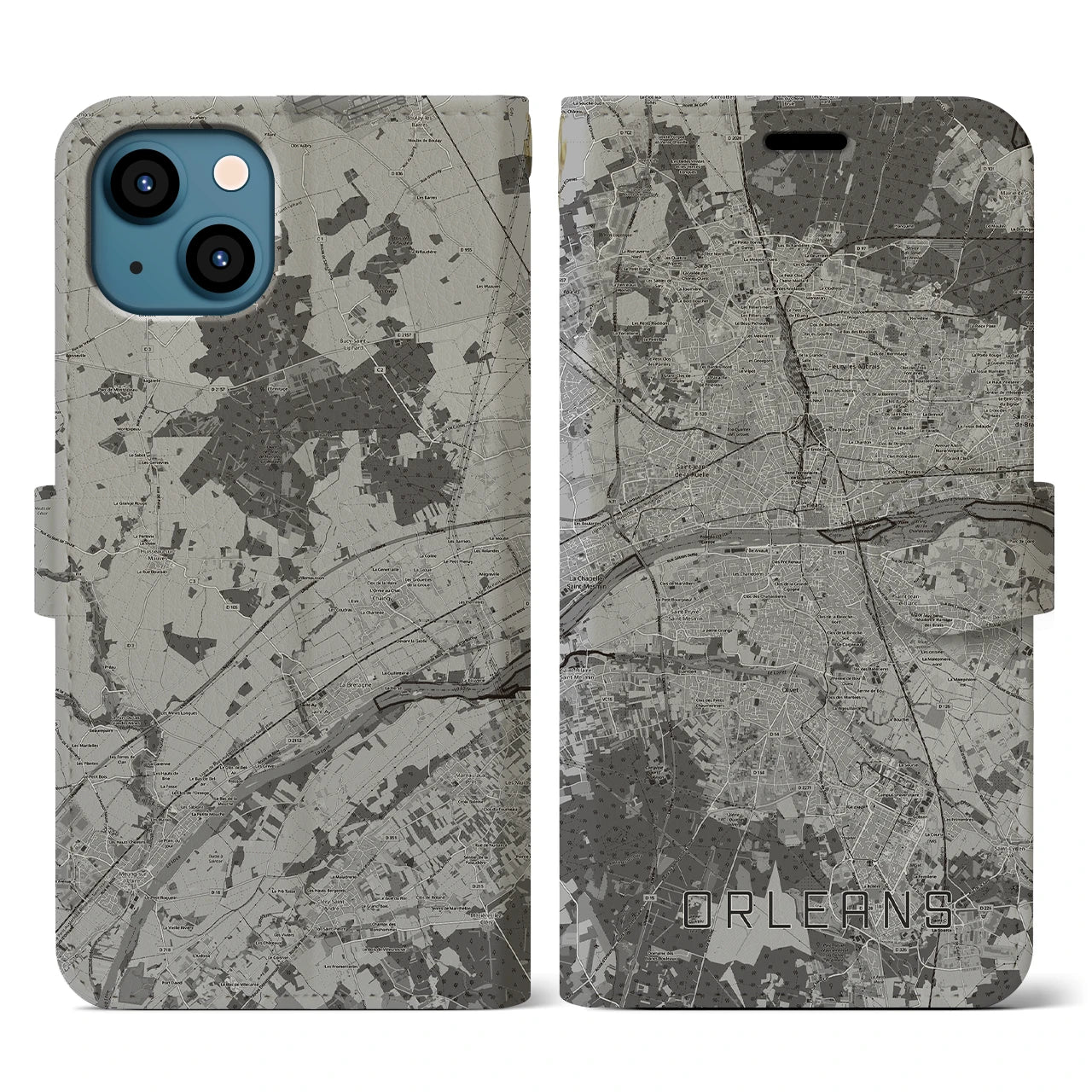 【オルレアン(フランス)】地図柄iPhoneケース(手帳タイプ)モノトーン・iPhone 13 用