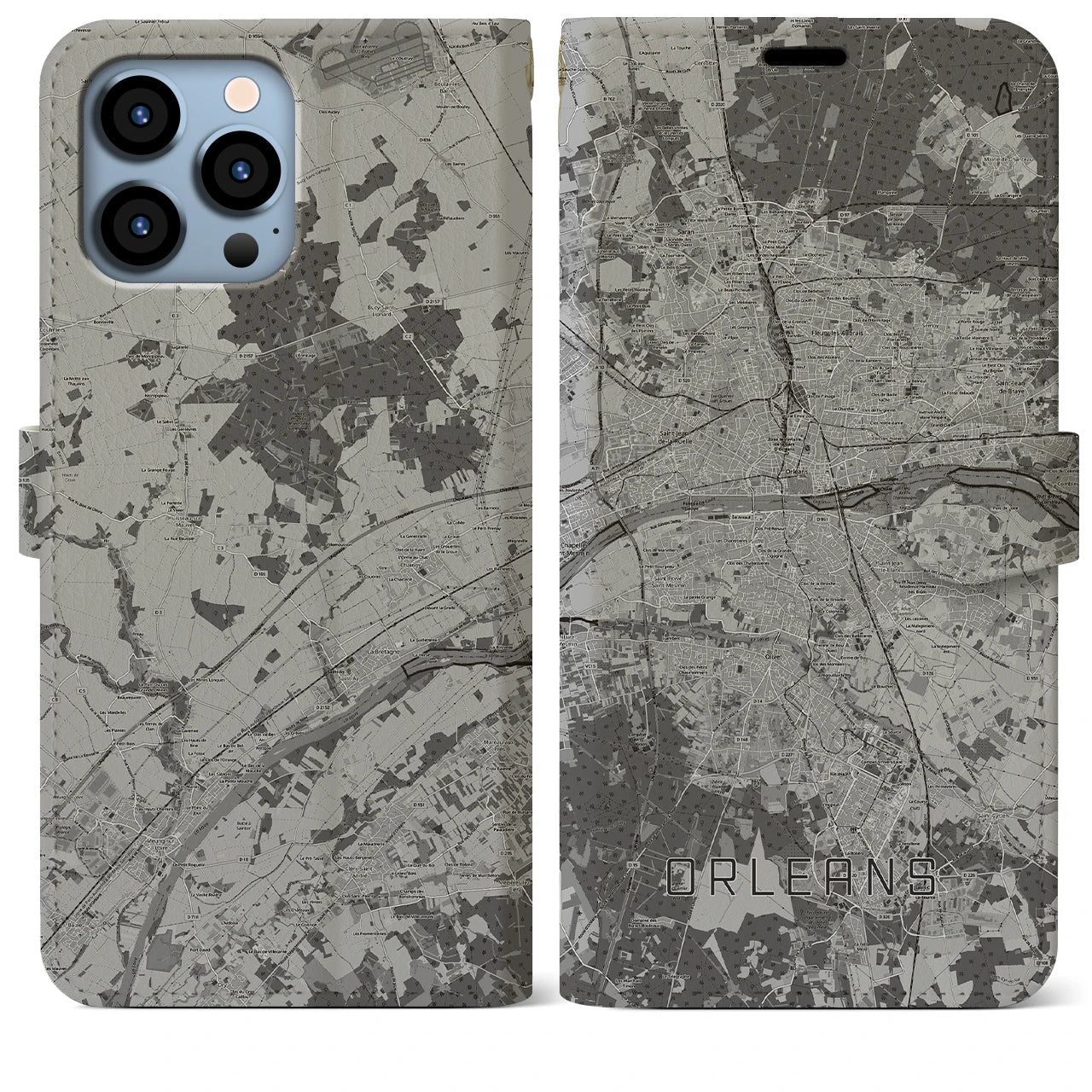 【オルレアン(フランス)】地図柄iPhoneケース(手帳タイプ)モノトーン・iPhone 13 Pro Max 用