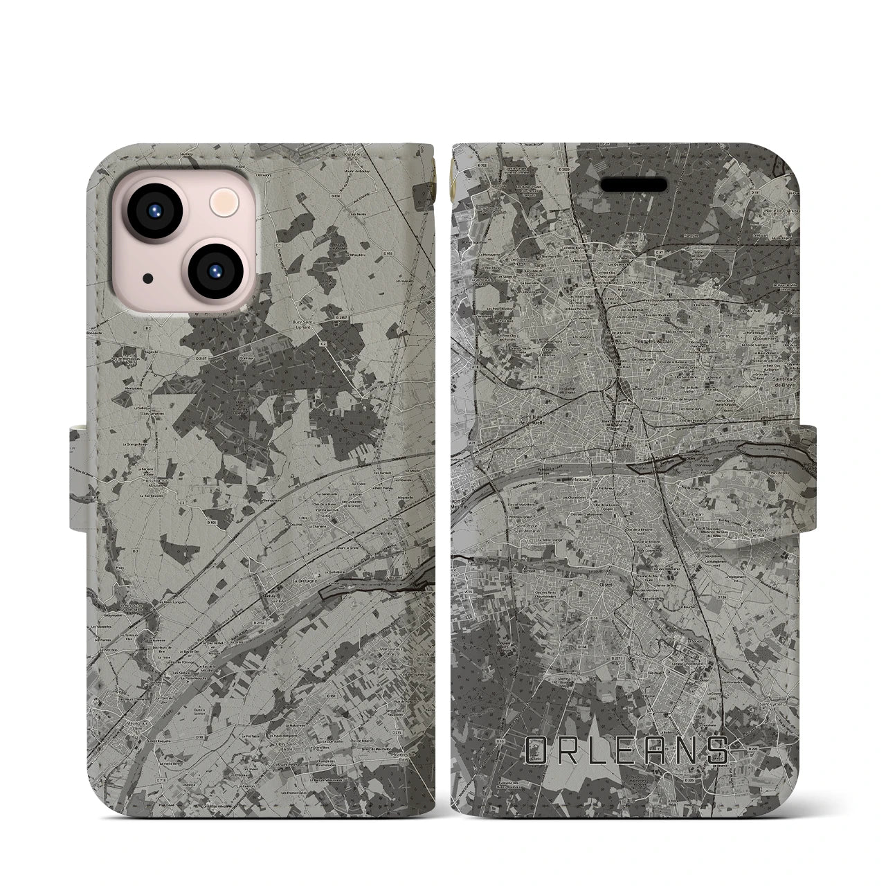 【オルレアン(フランス)】地図柄iPhoneケース(手帳タイプ)モノトーン・iPhone 13 mini 用