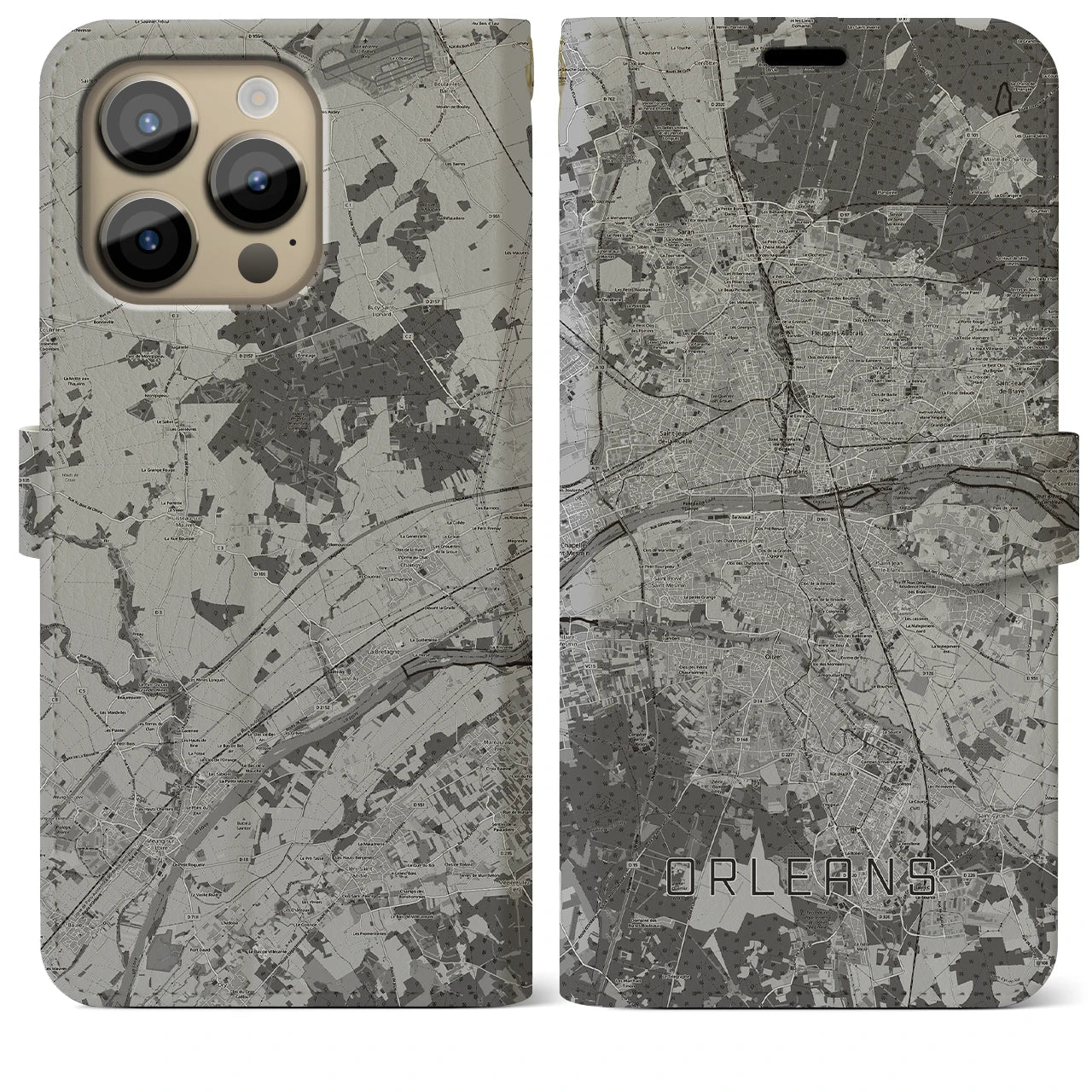 【オルレアン(フランス)】地図柄iPhoneケース(手帳タイプ)モノトーン・iPhone 14 Pro Max 用