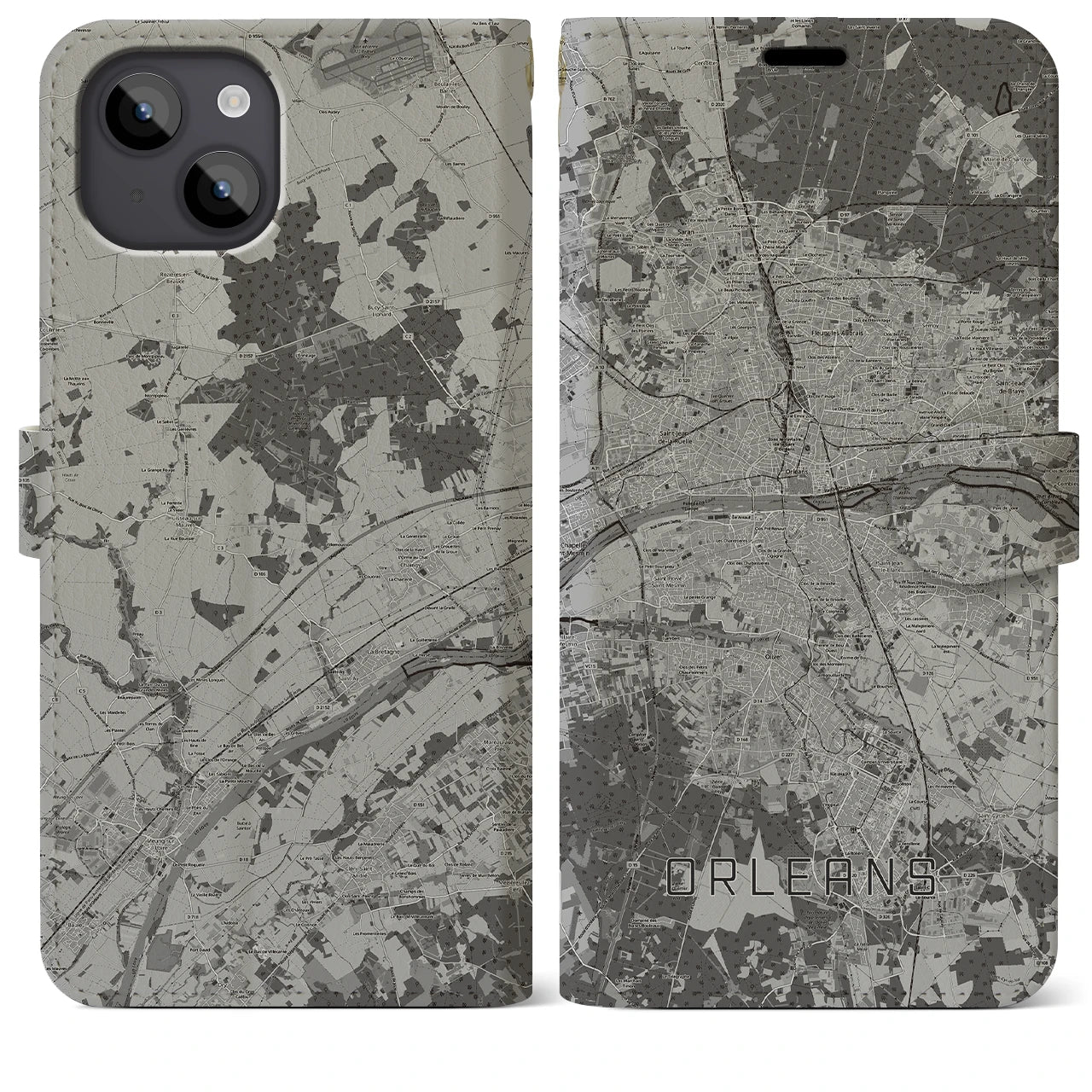【オルレアン(フランス)】地図柄iPhoneケース(手帳タイプ)モノトーン・iPhone 14 Plus 用
