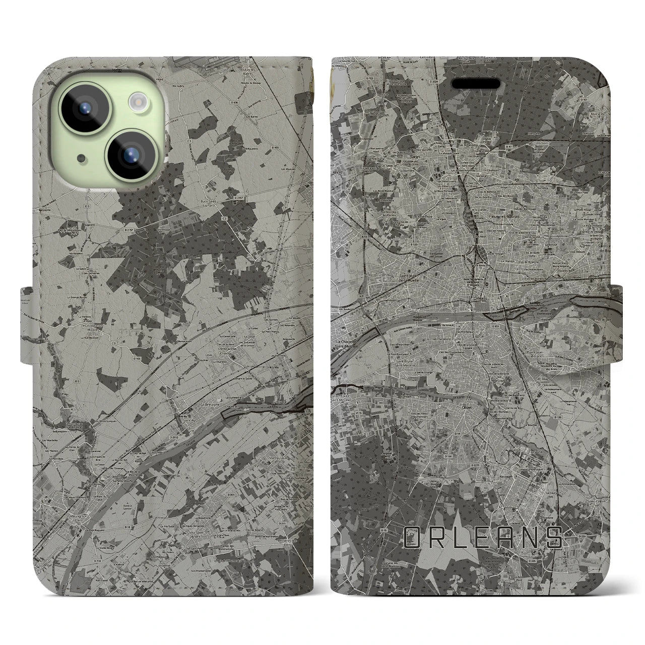 【オルレアン(フランス)】地図柄iPhoneケース(手帳タイプ)モノトーン・iPhone 15 用