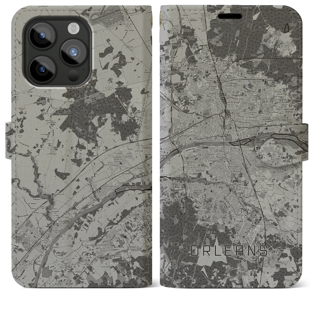 【オルレアン(フランス)】地図柄iPhoneケース(手帳タイプ)モノトーン・iPhone 15 Pro Max 用