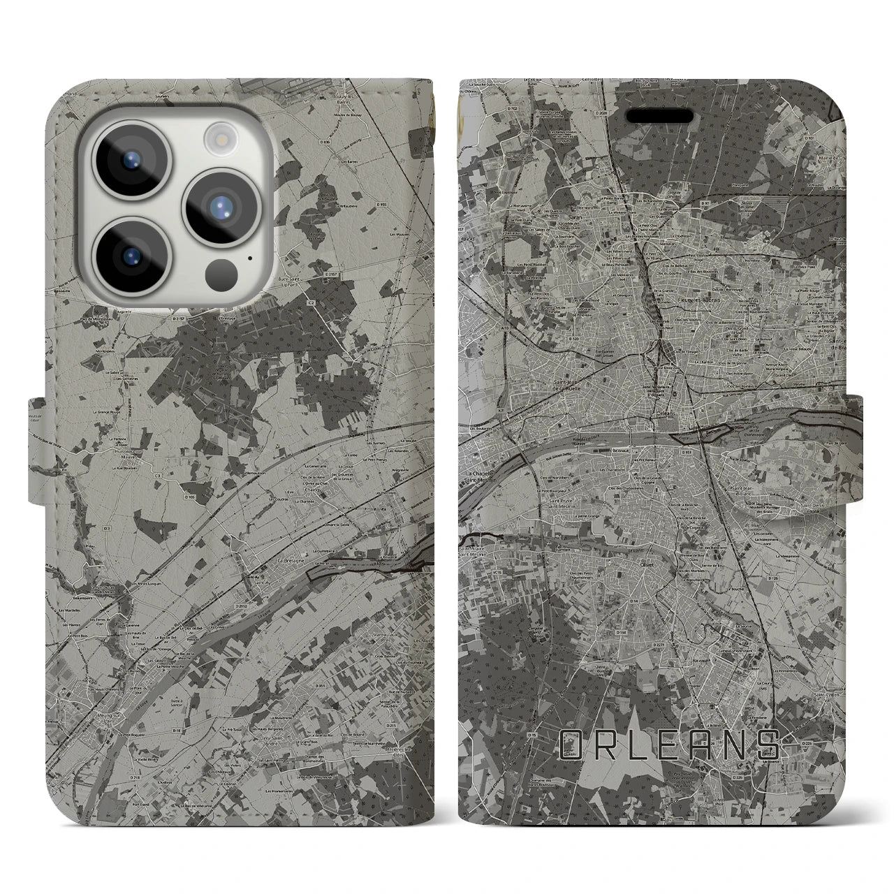 【オルレアン(フランス)】地図柄iPhoneケース(手帳タイプ)モノトーン・iPhone 15 Pro 用