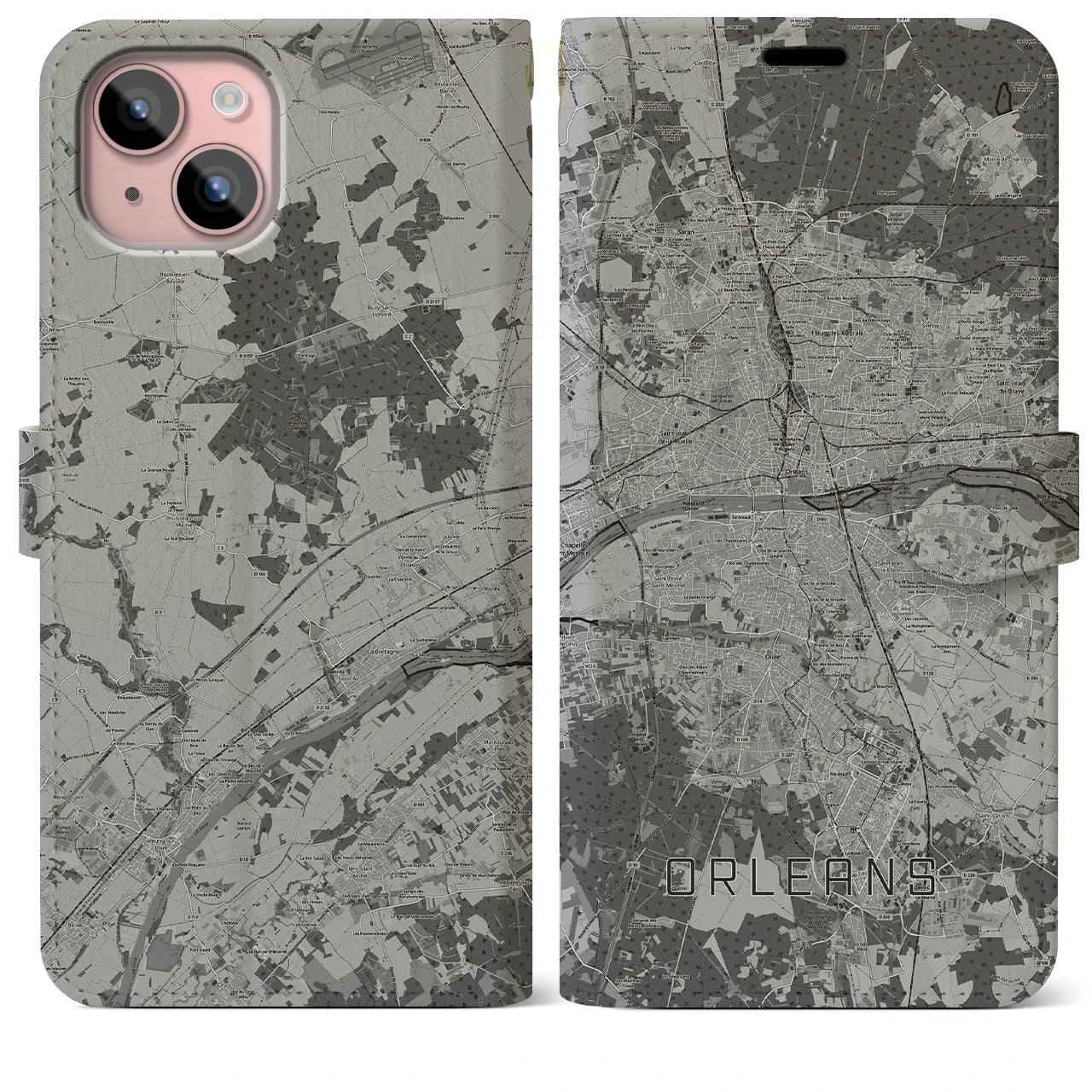 【オルレアン(フランス)】地図柄iPhoneケース(手帳タイプ)モノトーン・iPhone 15 Plus 用