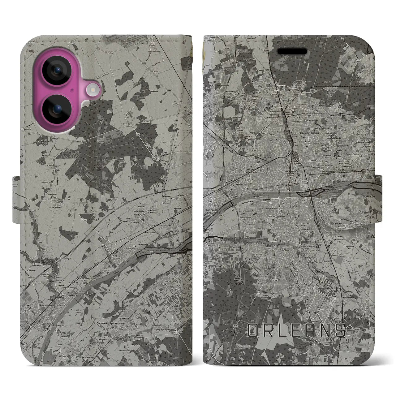 【オルレアン(フランス)】地図柄iPhoneケース(手帳タイプ)モノトーン・iPhone 16 Pro 用