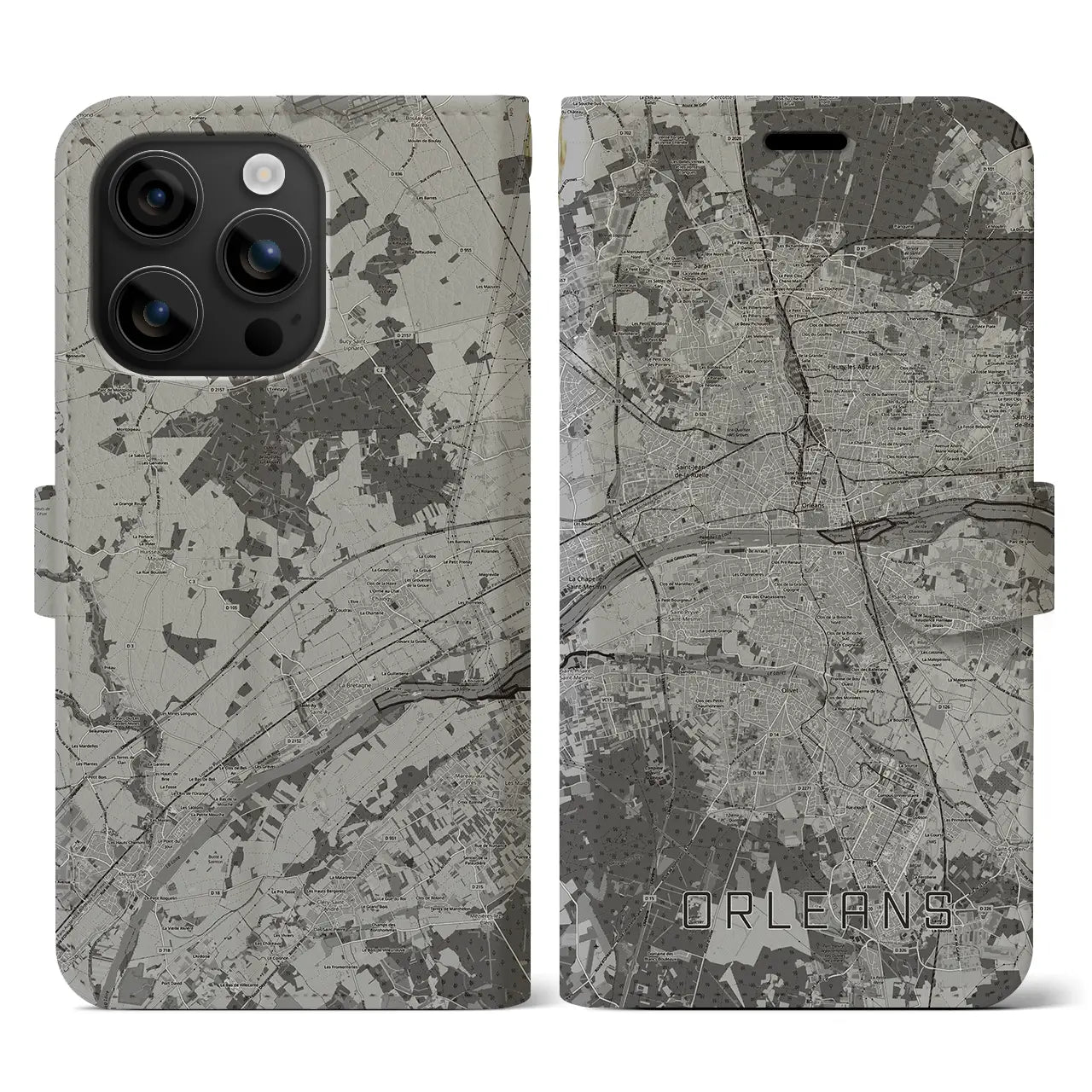 【オルレアン(フランス)】地図柄iPhoneケース(手帳タイプ)モノトーン・iPhone 16 用