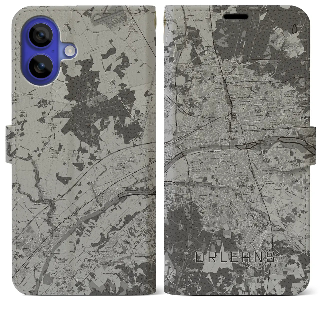 【オルレアン(フランス)】地図柄iPhoneケース(手帳タイプ)モノトーン・iPhone 16 Pro Max 用