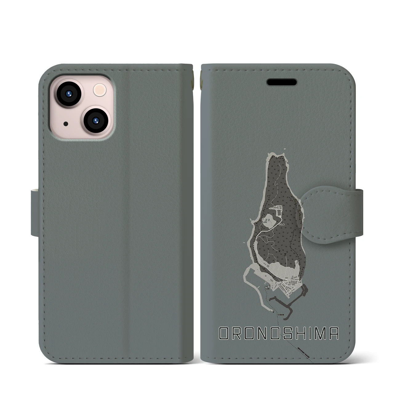 【小呂島(福岡県)】地図柄iPhoneケース(手帳タイプ)モノトーン・iPhone 13 mini 用