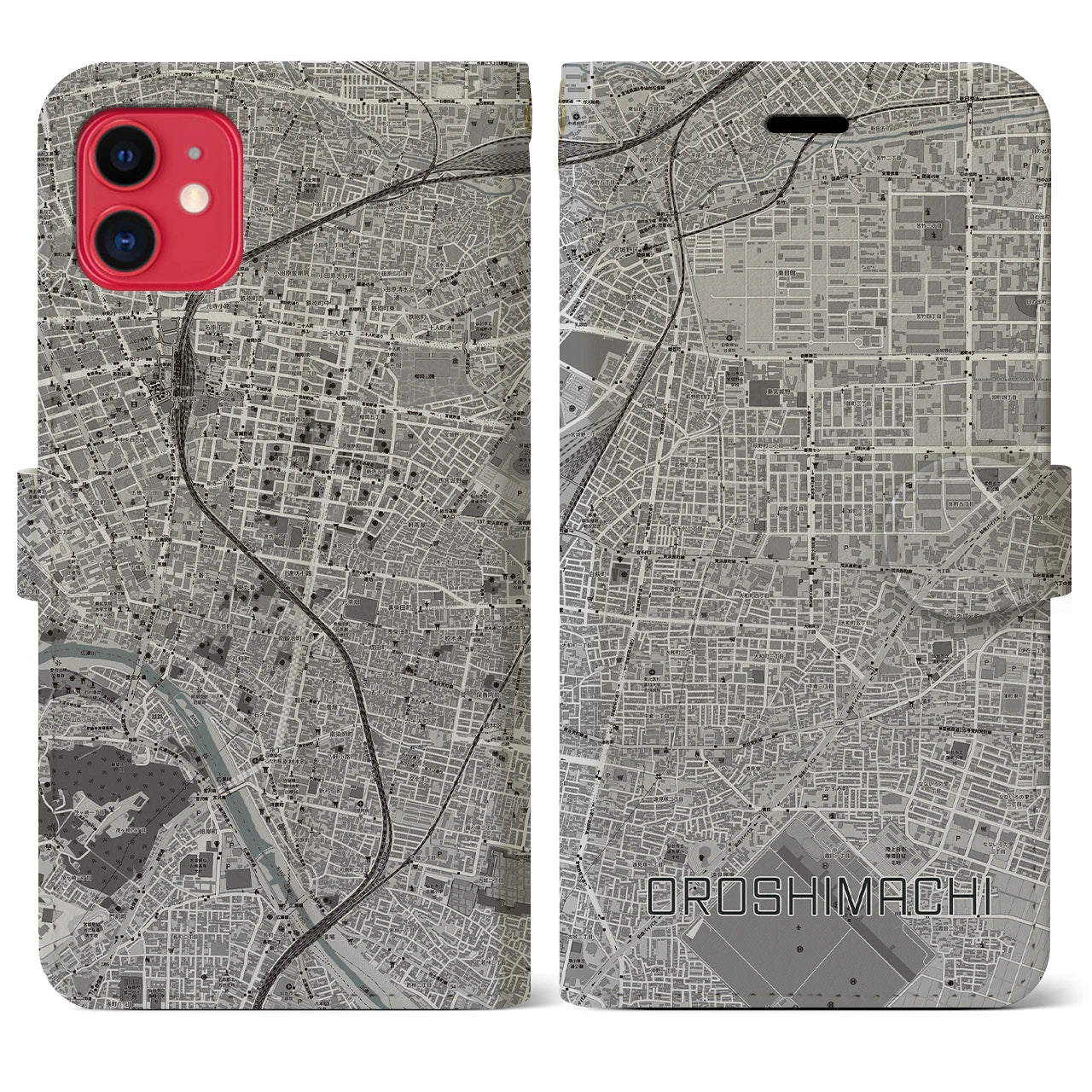【卸町(宮城県)】地図柄iPhoneケース(手帳タイプ)モノトーン・iPhone 11 用