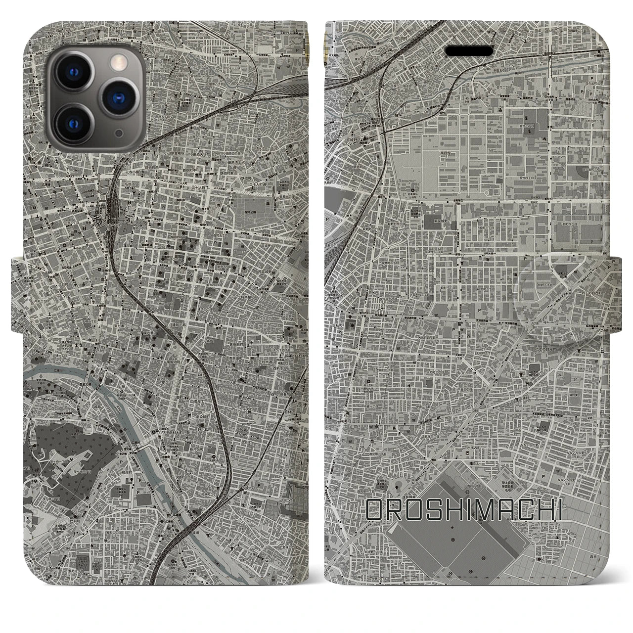 【卸町(宮城県)】地図柄iPhoneケース(手帳タイプ)モノトーン・iPhone 11 Pro Max 用