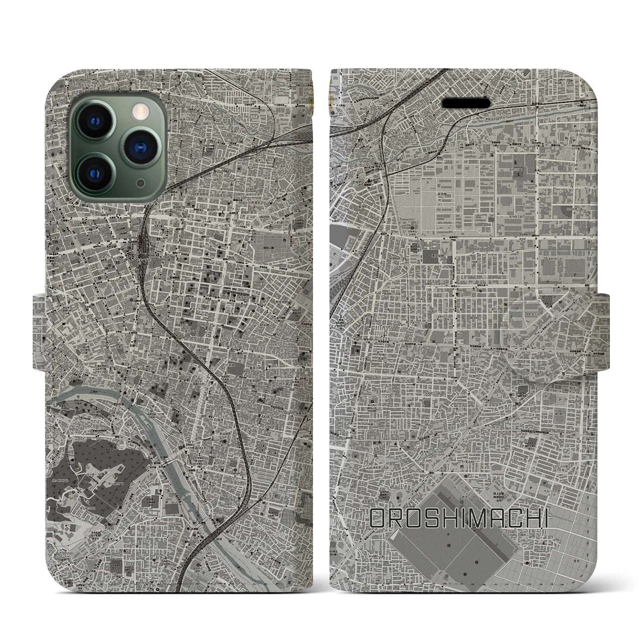 【卸町(宮城県)】地図柄iPhoneケース(手帳タイプ)モノトーン・iPhone 11 Pro 用