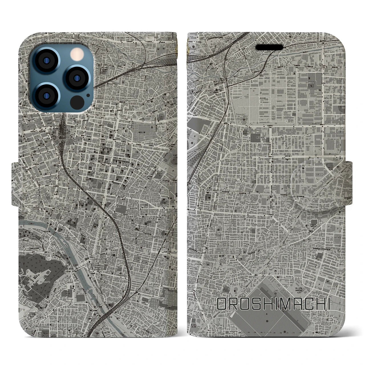 【卸町(宮城県)】地図柄iPhoneケース(手帳タイプ)モノトーン・iPhone 12 / 12 Pro 用