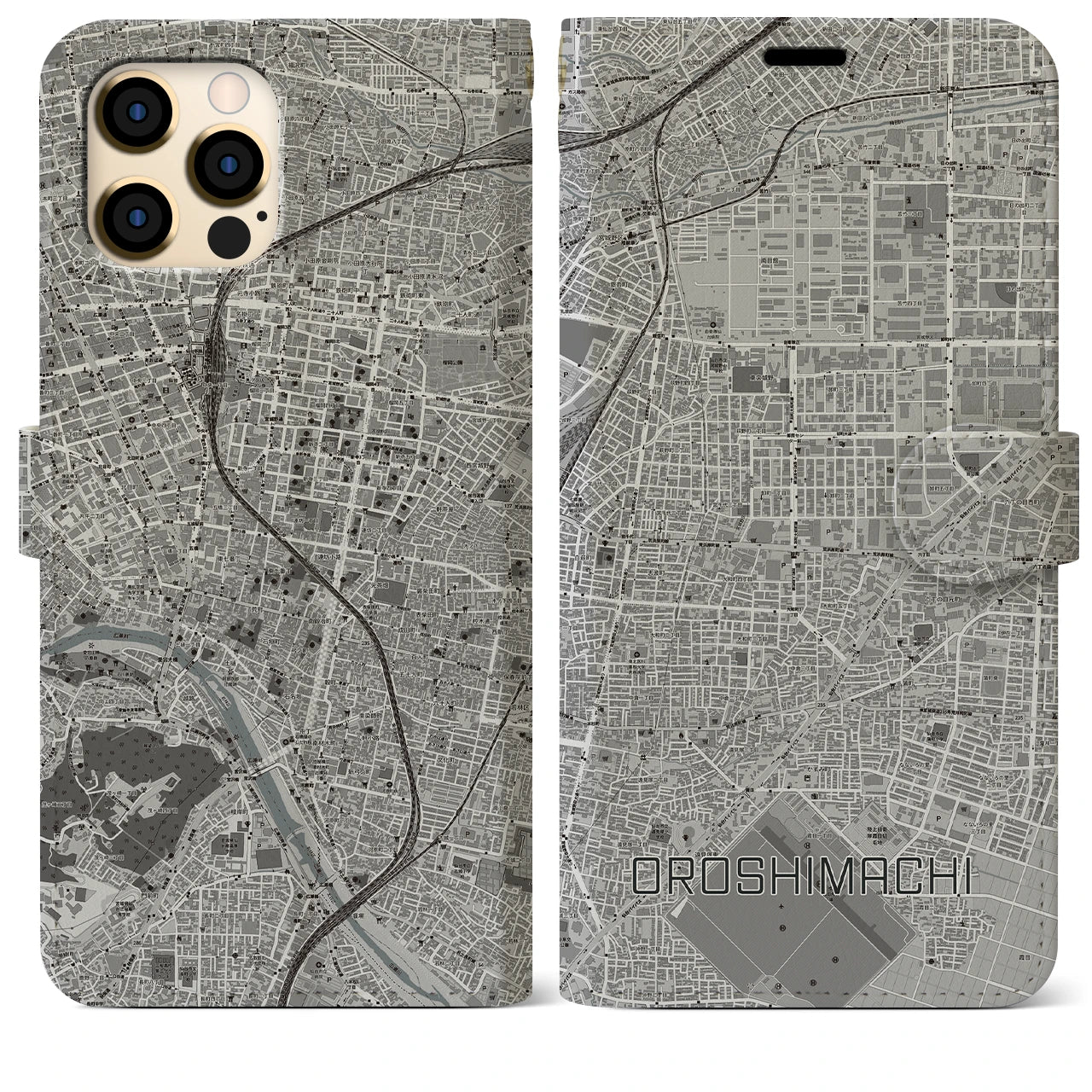 【卸町(宮城県)】地図柄iPhoneケース(手帳タイプ)モノトーン・iPhone 12 Pro Max 用