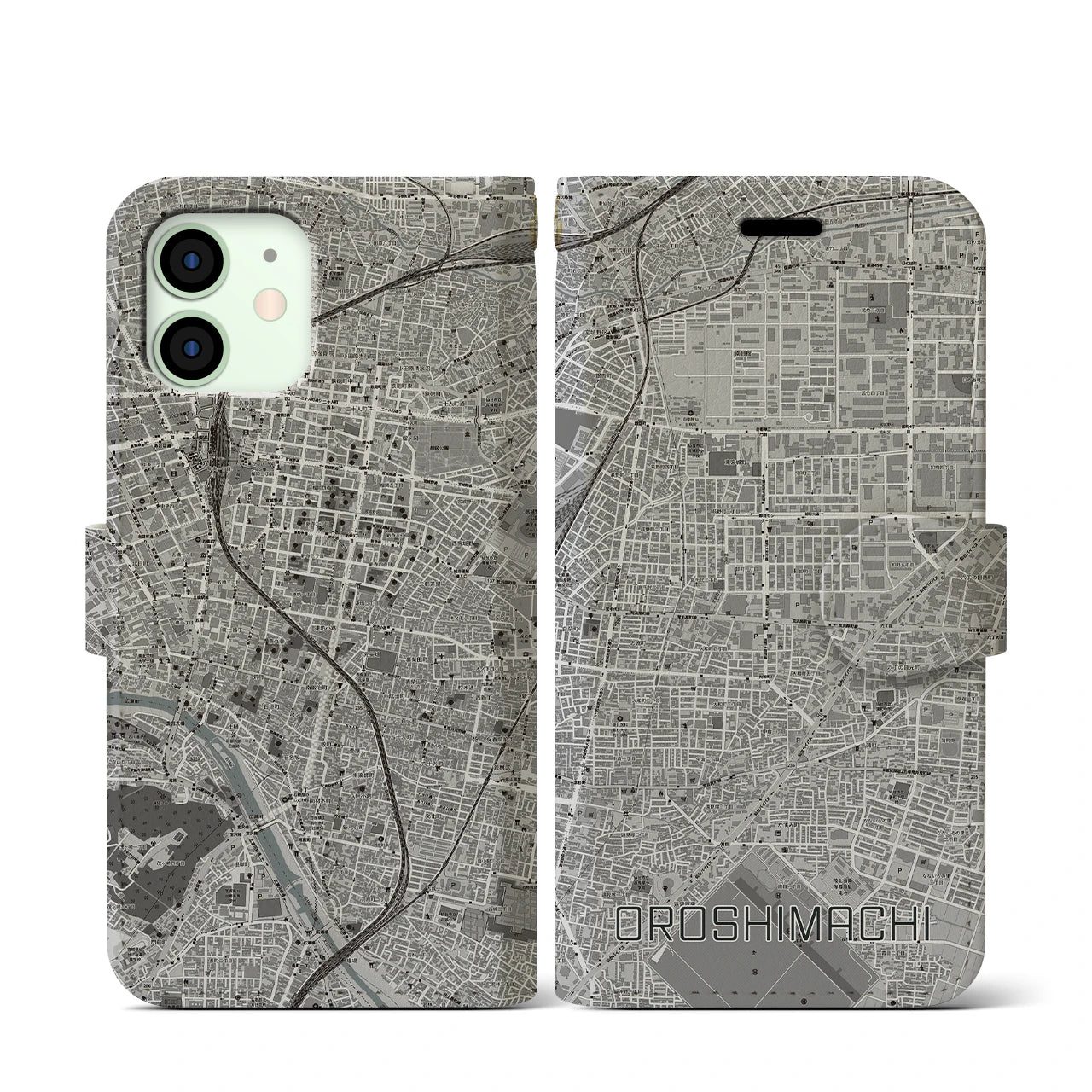 【卸町(宮城県)】地図柄iPhoneケース(手帳タイプ)モノトーン・iPhone 12 mini 用