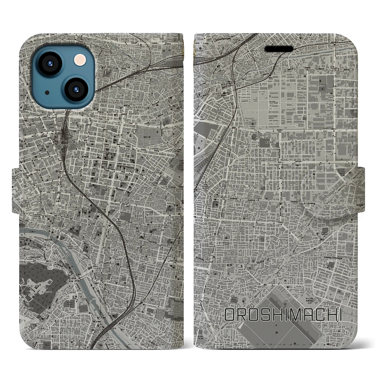 【卸町(宮城県)】地図柄iPhoneケース(手帳タイプ)モノトーン・iPhone 13 用