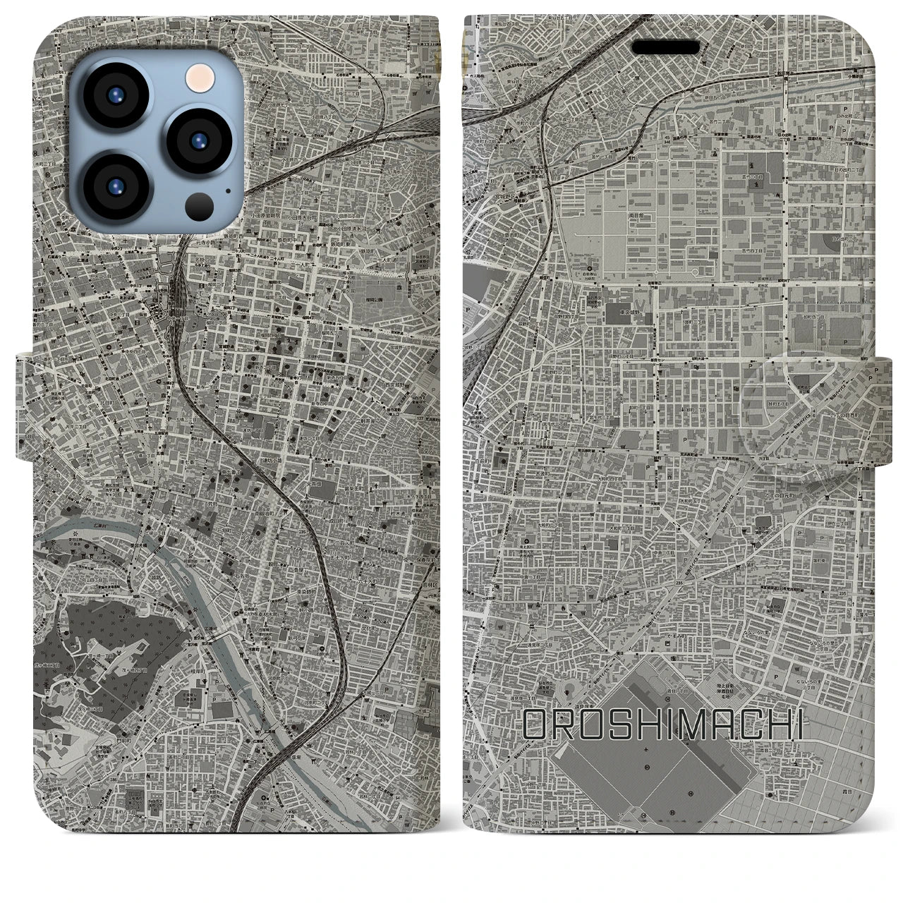 【卸町(宮城県)】地図柄iPhoneケース(手帳タイプ)モノトーン・iPhone 13 Pro Max 用