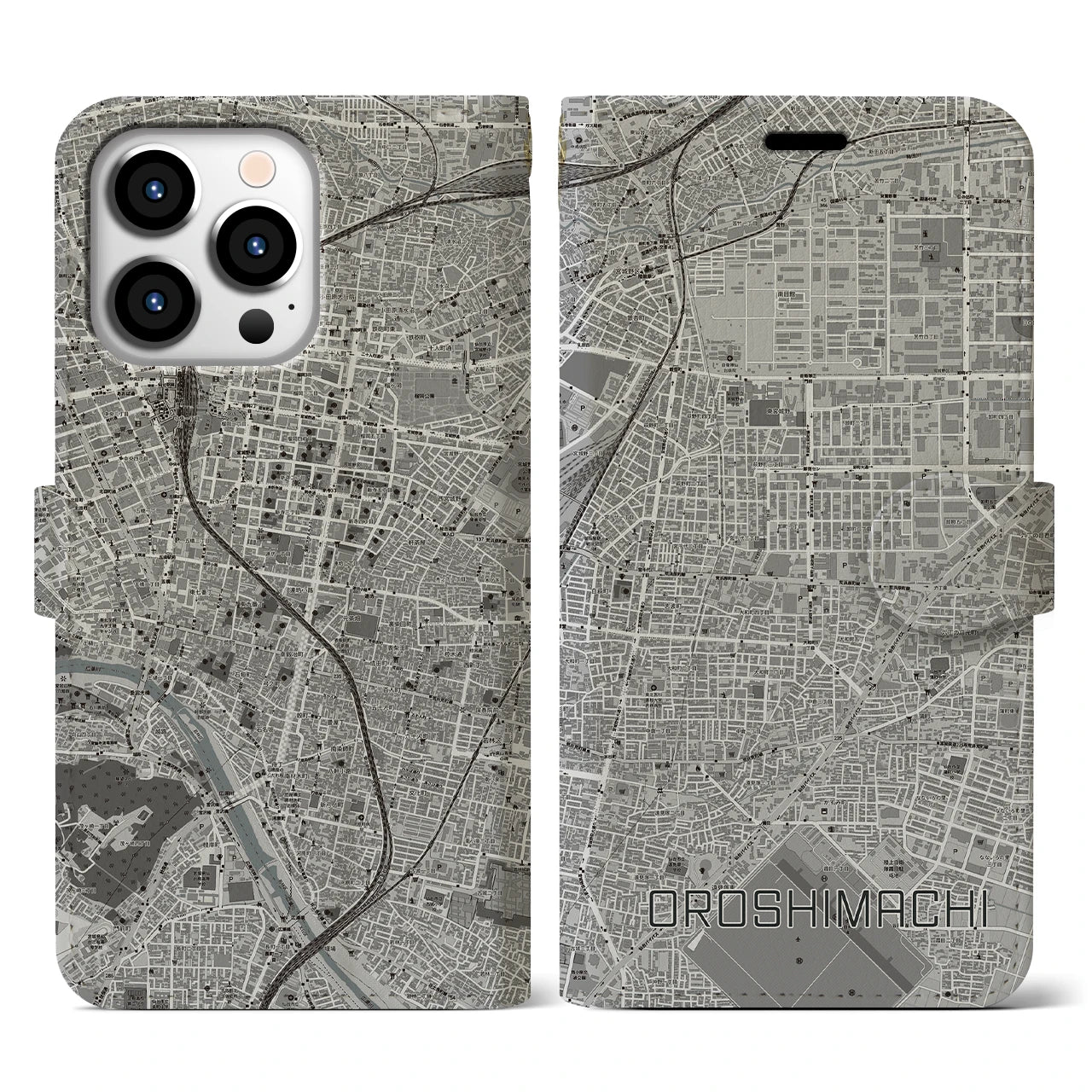 【卸町(宮城県)】地図柄iPhoneケース(手帳タイプ)モノトーン・iPhone 13 Pro 用