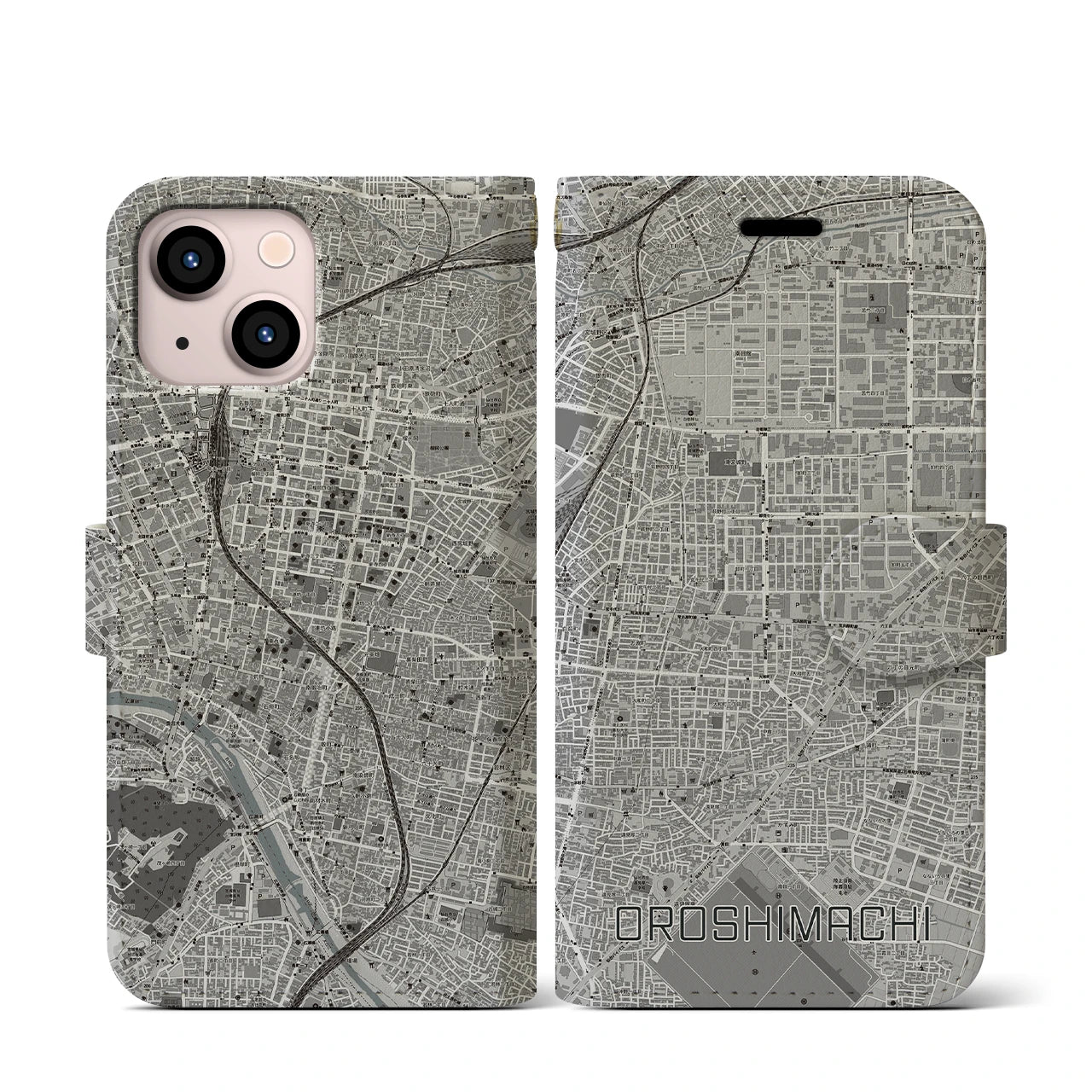 【卸町(宮城県)】地図柄iPhoneケース(手帳タイプ)モノトーン・iPhone 13 mini 用