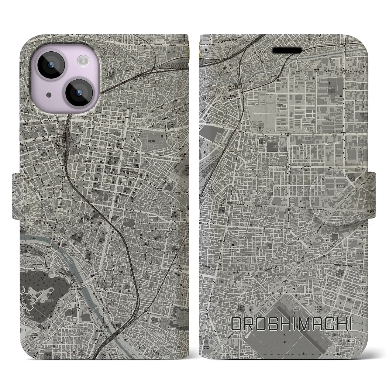 【卸町(宮城県)】地図柄iPhoneケース(手帳タイプ)モノトーン・iPhone 14 用