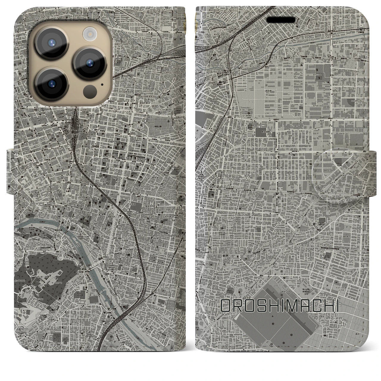 【卸町(宮城県)】地図柄iPhoneケース(手帳タイプ)モノトーン・iPhone 14 Pro Max 用